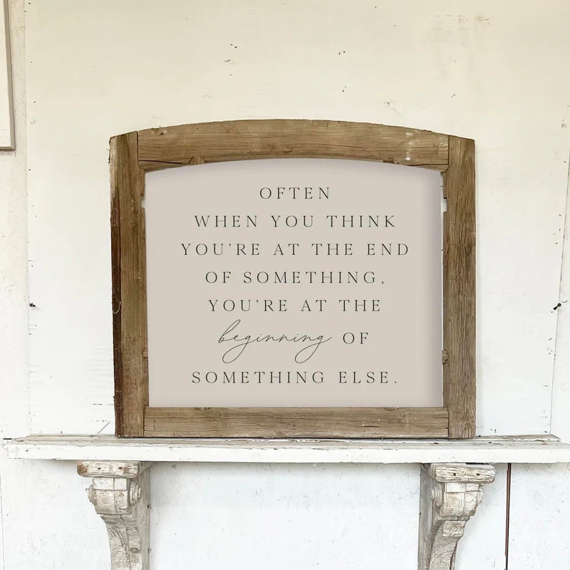 Inspirational quote printed on natural linen and framed in a repurpose European window panel